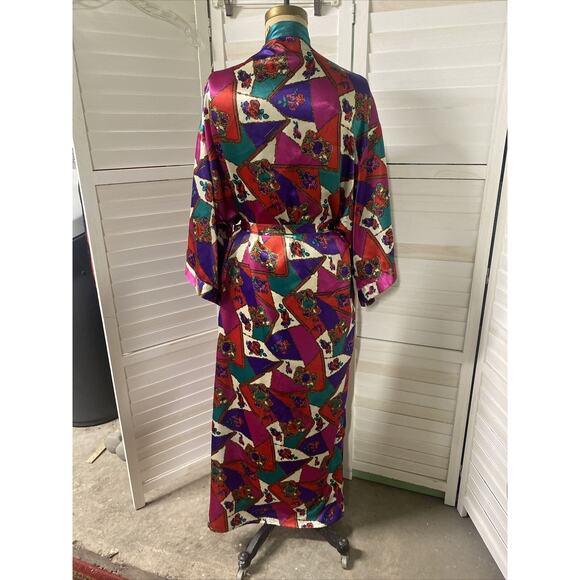 80s 90s Frederick's of Hollywood Satin Long Full Length Jewel Tone Robe Large - Picture 5 of 9
